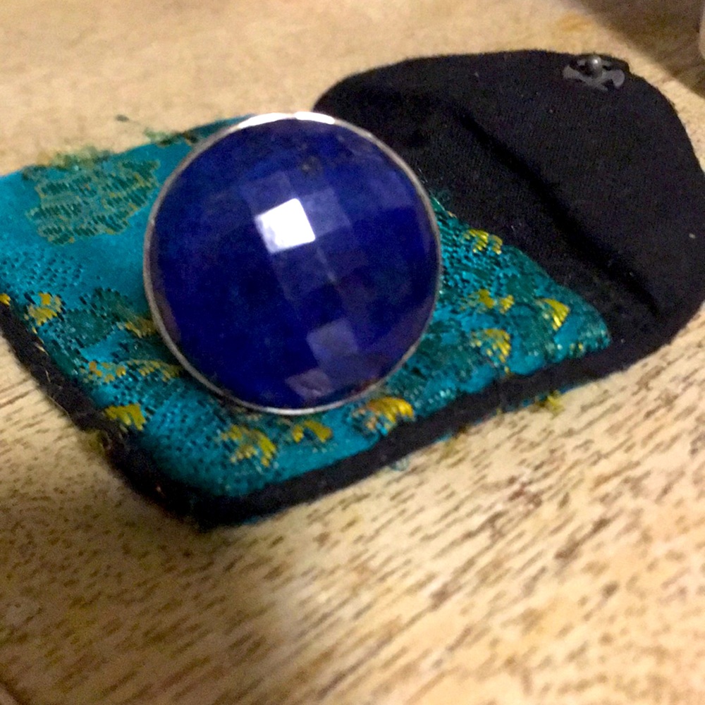 HUGE Lapis multifaceted silver three band ring.